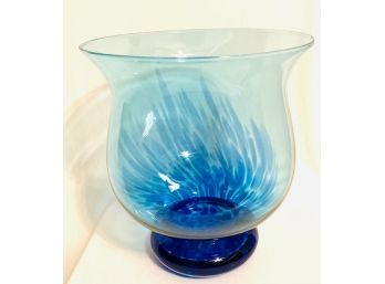 Large Blue Swirl Hurricane Style Art Glass Vase.