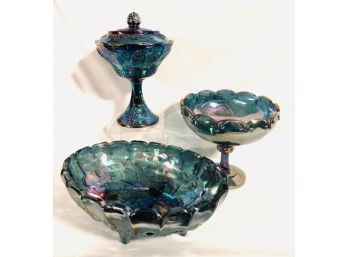 Vintage Mid-Century Blue Carnival Glass Trio By Indiana Glass Co. - Fruit Pattern