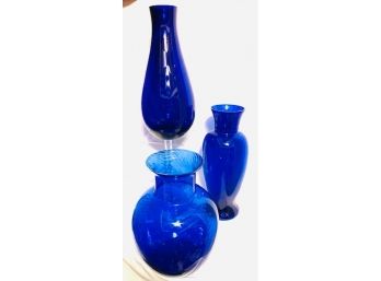 Amazing Cobalt Blue Art Glass Trio