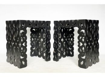 A Pair Of Modern Decorative Scrolled Wood End Tables