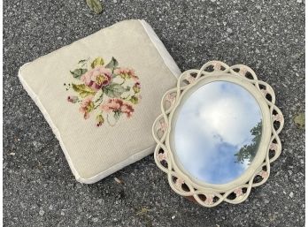 A Needlepoint Pillow And Vintage Mirror