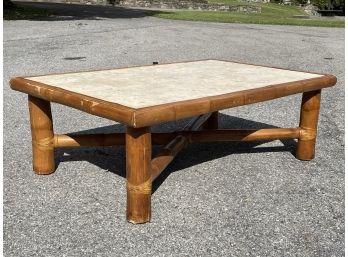 A Vintage Rattan And Travertine Marble Coffee Table