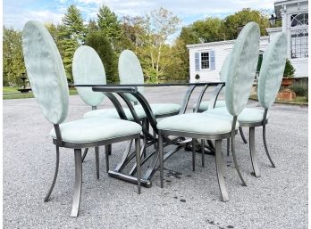 A Modern Chrome And Cut Glass Dining Table And Set Of 6 Chairs In Ultrasuede