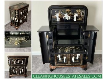 Exquisite Asian  Bar~ Black Lacquer W/applied Mother Of Pearl Accents ~