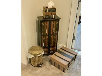 Decorative Cabinet, Tissue Box, Wicker Wastebasket & Nesting Boxes