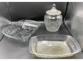 2 Glass Decorative Casseroles & Covered Candy Jar