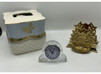 Brass Letter Holder, Godinger Clock & Kleenex Box Cover