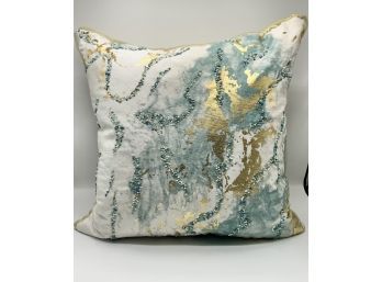 DecorativeBlue  Beaded With Gold Paint  Throw Pillow ~ Duck Feathers ~