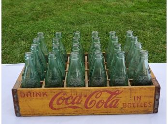 Vintage Coca Cola Wood Painted Soda Crate & Assorted Empty Green Bottles - See Photos For Manufacture City