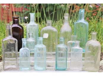 Antique Lot Of Thirteen Apothecary, Medical Notions Bottles