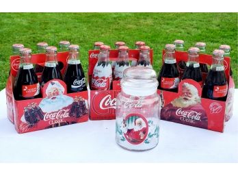 Three New Vintage Coca Cola Santa Themed Full Bottle Six Packs & Libbey Glass Canister