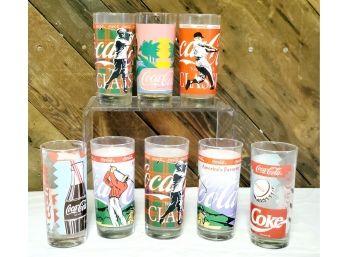 Eight Vintage Coca Cola Sports & More 6.5' Glass Tumblers