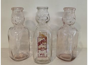 Two Vintage Double Baby Face Milk Bottles-two Pink & One Clear-Appear To Be Reproductions-quart Size