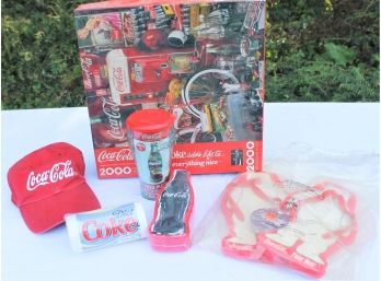 Lot New Old Stock Coca Cola Novelty Items - Hat, Shirts, Flip Flops, Jigsaw Puzzle & More