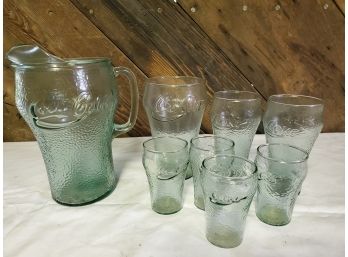 Vintage Bumpy Green Glass Coca Cola Coke Pitcher & Mixed Sized Glassware