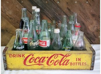 Great Vintage Yellow Painted Coca Cola Wood Crate & Mixed Lot Of Twenty Two Full & Empty Bottles