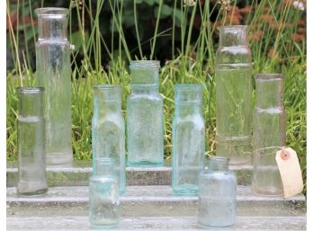 Grouping Of Antique Handblown Aqua & Clear Glass Apothecary Bottles & More