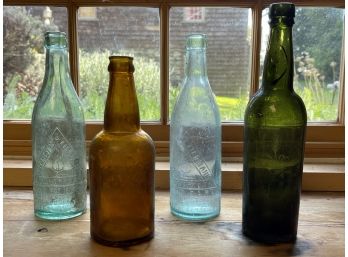 Two Antique, Embossed 1900's Obermeyer & Liebmann NYC Beer Bottles-aqua & Green / Two Additional Beer Bottles