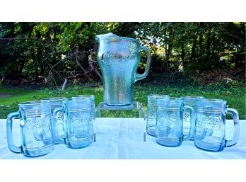 Vintage Green Glass Coca Cola Beverage Bumpy Pitcher & Eight Mugs