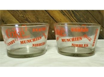 Two Vintage Coca Cola Coke Brand Red Embossed Clear Glass Snack Candy Popcorn Munchie Bowls