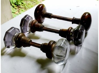 Three Pairs Of Antique Door Knobs -Clear, Lavender & Brown Swirl Clay