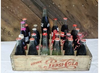 Vintage Pepsi Cola Wood Crate & Assortment Coca Cola Bottles - Most Full