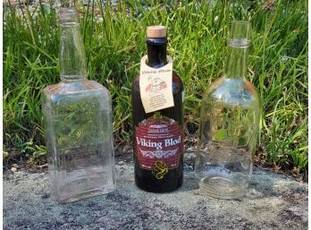 Three Vintage Liquor Bottles - Viking Blod Mead, Old Quaker