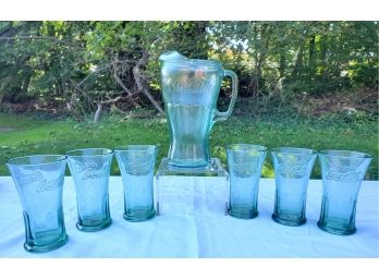 Vintage Never Used Coca Cola Large Beverage Pitcher & Six Glasses