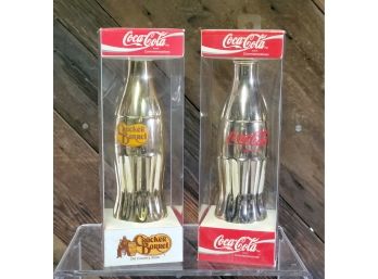 Two 1994 Coke Brand Coca Cola Gold & Silver Plated Commemorative Contour Bottles - Cracker Barrel & Coca Cola