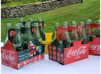 Vintage Assortment Of 6.5oz Collectible Commemorative Coca Cola Bottles In Santa Holders & Corrugated Crate