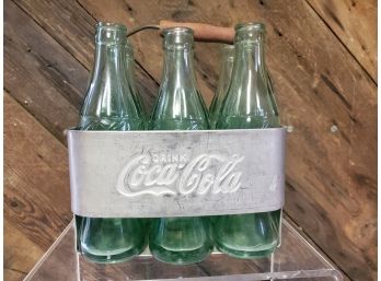 Vintage Coca Cola Galvanized Handled Six Pack Caddy & Six Green Empty Soda Bottle Assortment