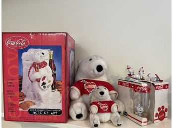 Coca Cola Polar Bear Lot- New, Old Stock Cookie Jar & Four Glasses. Plastic Molded Figures & Stuffed Animals