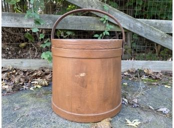 Vintage Handcrafted Wooden Bucket With Lid & Handle