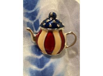 Vintage Silver Tone American Flag Teapot Enamel Pin