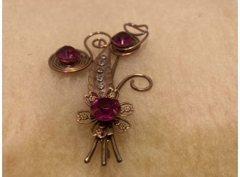 Vintage Gold Tone Pin With Pronged Purple Rhinestones