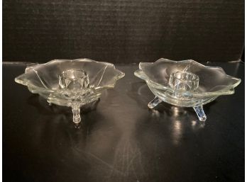 Vintage Pair Of Fostoria Glass Three-Footed Candlestick Holders