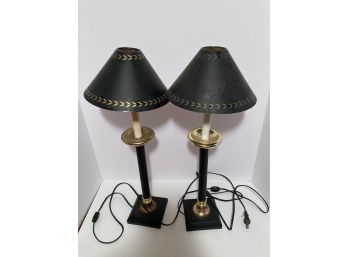 Vintage Pair Black Lamps With Metal Shades