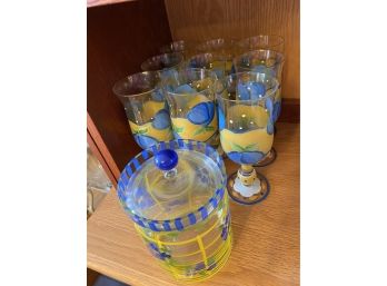 Colorful Cookie Jar And Glasses - Think Lemonade - 12 Glasses (3 Not Shown)