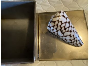 Pewter Trinket Box With Glazed Shell - Some Water Damage To Felt In Box