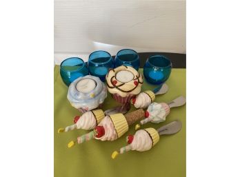 Fun Assortment Cupcake Candle Holders Cheese Knives