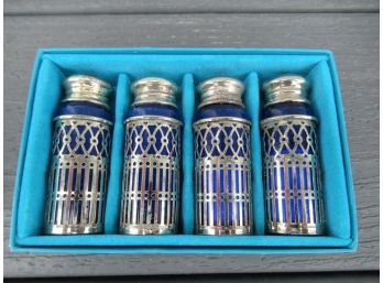 Set Of Four Silver Plate And Cobalt Blue Salt And Pepper Shakers