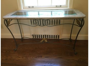 Metal, Faux Marble And Beveled Glass Console Table.