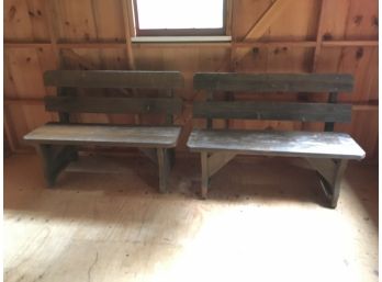 Pair Of Vintage Heavy Duty Outdoor Wooden Benches. (2 Pair Of 2)