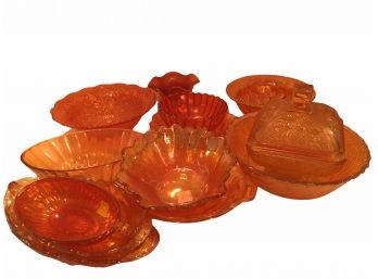 13 Pieces Marigold And Rurubigold Carnival Glass Glassware.