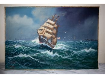 1914 Gorgeous Painting Of A Ship Signed & Dated Unframed