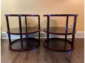 Pair Of Fabulous Bolier & Company Rosenau Round Lamp Tables With Shelf