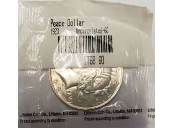 1923 Peace Silver Dollar Uncirculated- 60 In Sealed Littleton Coin Co Packet. Philadelphia Mint