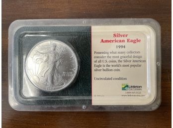 Uncirculated Silver American Eagle 1994 Struck At U.S. Mint In Philadelphia.  BU - By Littleton Coin Company