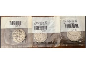 3 Walking Liberty Half Dollars. 1943, 1944, 1945. All Sealed In Package. Circulated.