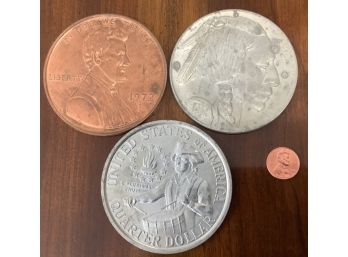 Lot Of 3 FUN Large Novelty US Coins. Vintage - Quarter, Nickel & Penny